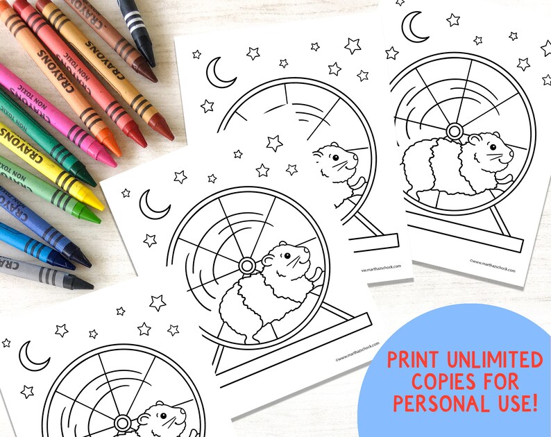 May include: Three black and white coloring pages featuring a hamster running in a wheel. Each page has a crescent moon and stars in the background. The text "PRINT UNLIMITED COPIES FOR PERSONAL USE!" is in the bottom right corner.