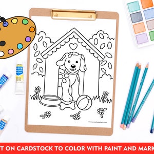 May include: A black and white line drawing of a dog sitting in a doghouse with a bone and a ball. The image is on a white background and is ready to be colored in.