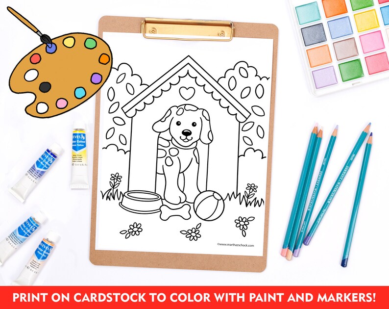 May include: A black and white line drawing of a dog sitting in a doghouse with a bone and a ball. The image is on a white background and is ready to be colored in.
