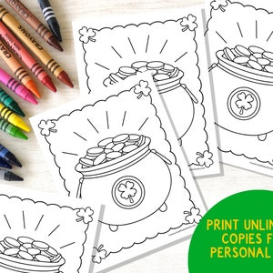 May include: A printable coloring page featuring a pot of gold with a shamrock on the side. The pot is filled with gold coins and surrounded by a sunburst effect. The page is perfect for St. Patrick's Day crafts.