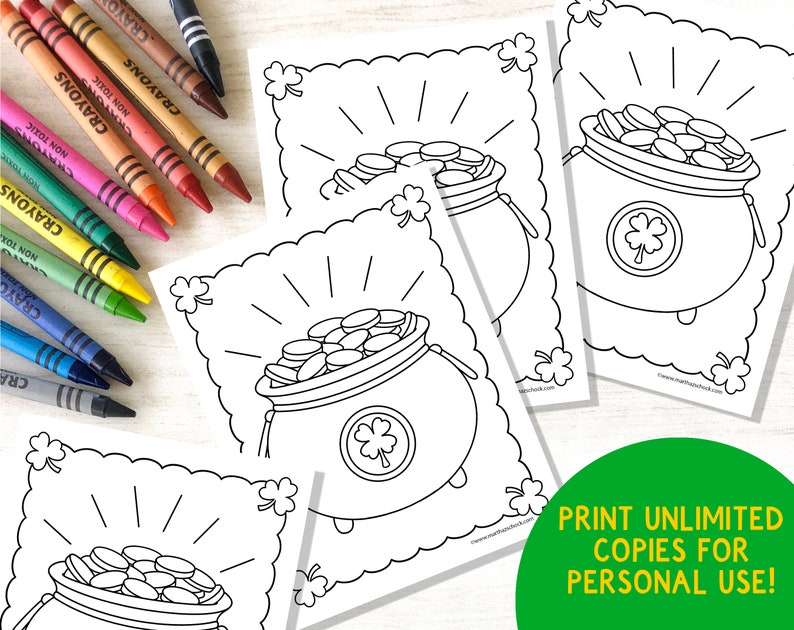 May include: A printable coloring page featuring a pot of gold with a shamrock on the side. The pot is filled with gold coins and surrounded by a sunburst effect. The page is perfect for St. Patrick's Day crafts.