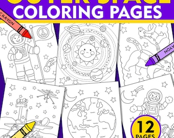 May include: A set of 12 black and white coloring pages featuring outer space themes. The pages include astronauts, planets, stars, a rocket ship, and a comet. The text "OUTER SPACE COLORING PAGES" and "12 PAGES" is included in the image.