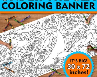 Giant Under the Sea Coloring Banner: Ocean Party Table Cover (30”x72”)