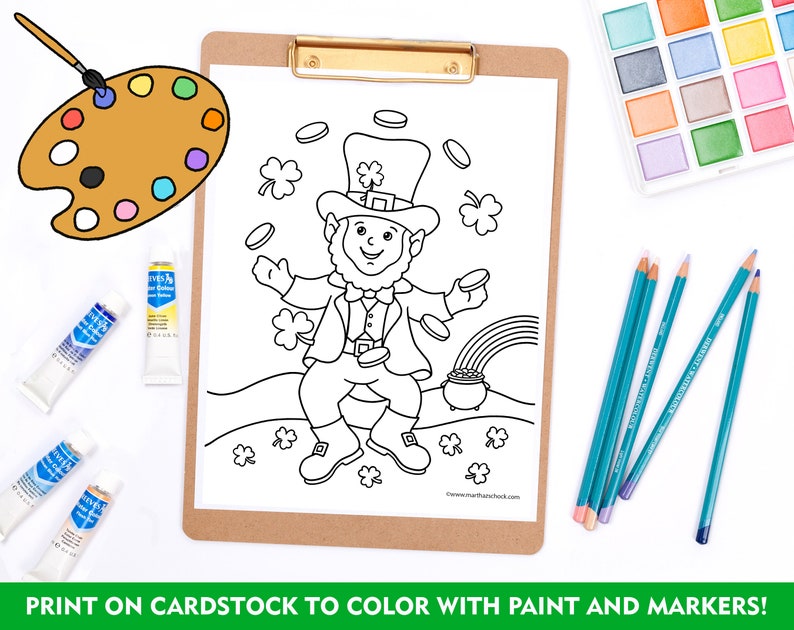 May include: A black and white coloring page featuring a leprechaun juggling gold coins. The leprechaun is wearing a hat with a shamrock on top and a green vest. He is standing on a hill with a rainbow and a pot of gold at the end. The page is surrounded by paintbrushes, paint, and markers.