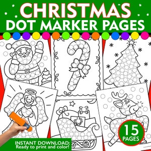 Könnte beinhalten: Ein Set mit 15 druckbaren Weihnachts-Punkt-Marker-Seiten mit Bildern von Weihnachtsmann, Zuckerstange, Weihnachtsbaum, Engel, Schlitten mit Geschenken und Rentier. Die Seiten sind schwarzweiß und bereit, mit Punktmarkern ausgemalt zu werden.