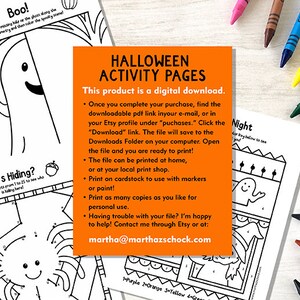 May include: A digital download of Halloween activity pages for children. The pages feature a ghost, a pumpkin, and a connect-the-dots activity. The text on the page says "Halloween Activity Pages" and "This product is a digital download."