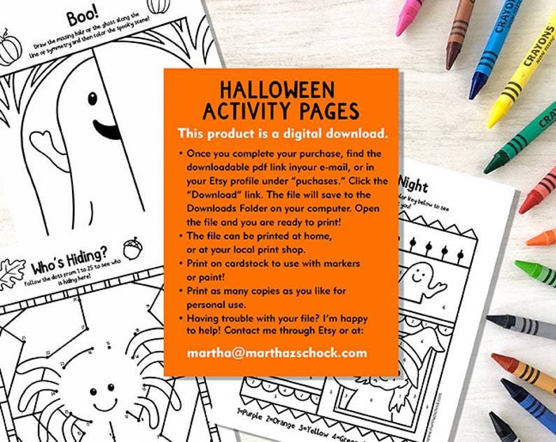 May include: A digital download of Halloween activity pages for children. The pages feature a ghost, a pumpkin, and a connect-the-dots activity. The text on the page says "Halloween Activity Pages" and "This product is a digital download."