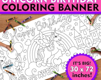 Personalized Unicorn Birthday Coloring Poster: Giant Party Banner (30”x72”)