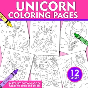Unicorn Coloring Pages, Printable Unicorn Coloring Pages, Unicorn Coloring Sheets, Unicorn Kids Coloring Sheets, Instant Download, Printable