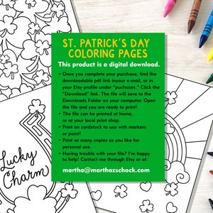 May include: Black and white printable coloring pages featuring a shamrock, rainbow, and horseshoe with the text "Lucky Charm" and "St. Patrick's Day Coloring Pages". This digital download includes instructions for printing and using the pages.