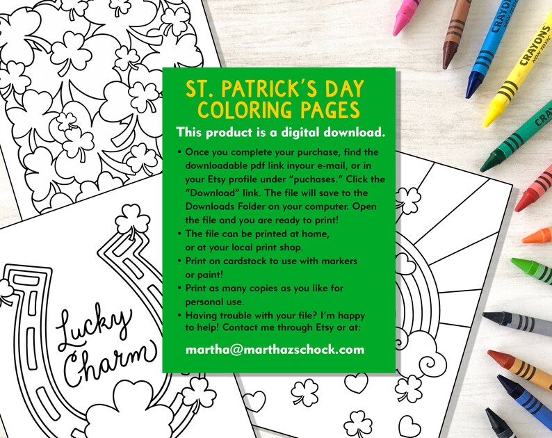 May include: Black and white printable coloring pages featuring a shamrock, rainbow, and horseshoe with the text "Lucky Charm" and "St. Patrick's Day Coloring Pages". This digital download includes instructions for printing and using the pages.