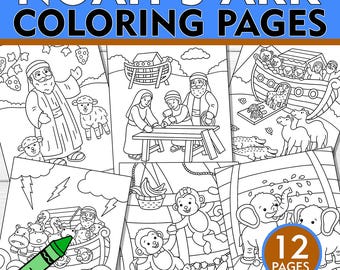 Noah's Ark Bible Story Coloring Pages, Christian Homeschool Activity (12 Pages)