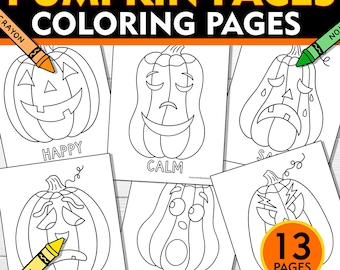Pumpkin Faces Coloring Pages: Emotions SEL Activity (PDF Download)
