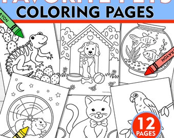 Pet Coloring Pages, 12 Animal Illustrations (Digital Download