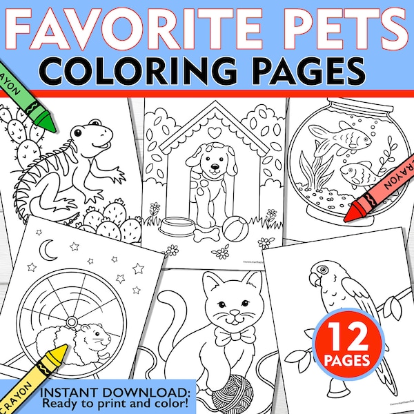 Pets Coloring Pages, Pet Friends Coloring Pages, Favorite Pets Coloring Sheets, Pets Coloring Pages Printable Instant Download, Pet Coloring