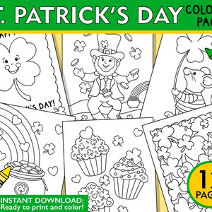 May include: A set of 12 black and white coloring pages featuring St. Patrick's Day themes. The pages include a leprechaun, a pot of gold, shamrocks, cupcakes, and a rainbow. The text "ST. PATRICK'S DAY COLORING PAGES" and "12 PAGES" is included in the image.  "INSTANT DOWNLOAD: Ready to print and color!" is also included in the image.