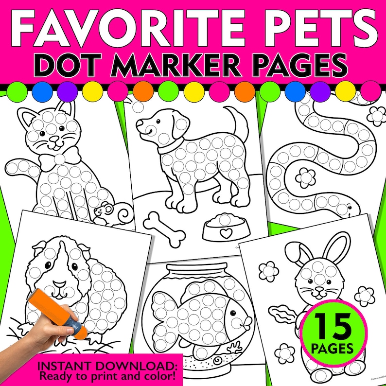 May include: A set of 15 printable dot marker pages featuring various animals, including a cat, dog, guinea pig, fish, snake, and rabbit. The pages are black and white and ready to be colored in with dot markers.