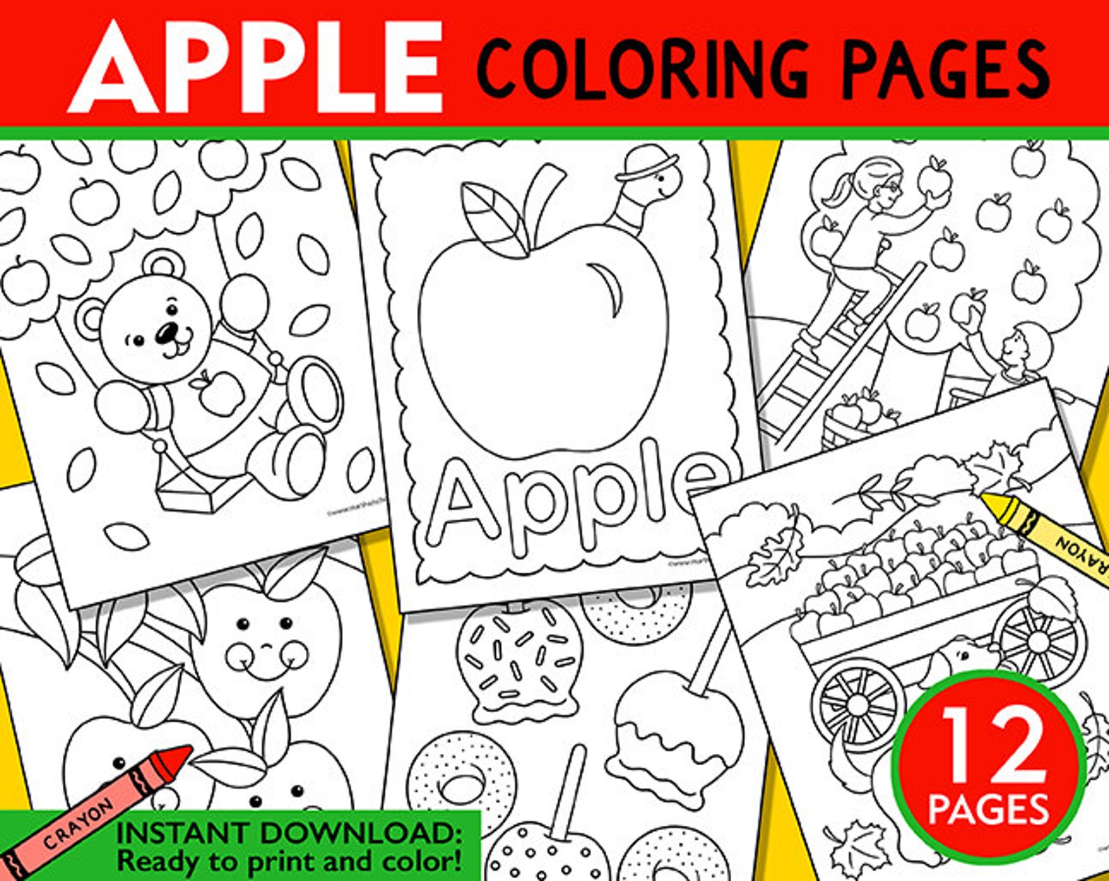 Apple Coloring Pages: Fall Activity, Kids Printable (PDF Download) - Etsy