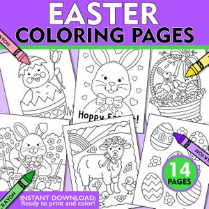 May include: A set of 14 printable Easter coloring pages featuring a bunny, chick, lamb, and eggs. The pages are ready to print and color.  "Hoppy Easter!" is written on one of the pages.
