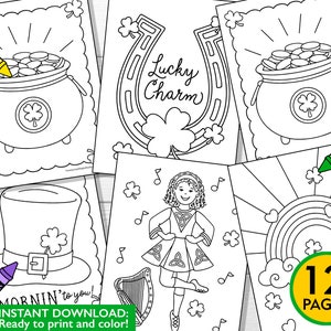 May include: A set of 12 black and white coloring pages featuring St. Patrick's Day themes. The pages include a pot of gold, a horseshoe, a leprechaun, a rainbow, and a shamrock. The text "Mornin' to you!" and "Instant Download: Ready to print and color!" is included on one of the pages.