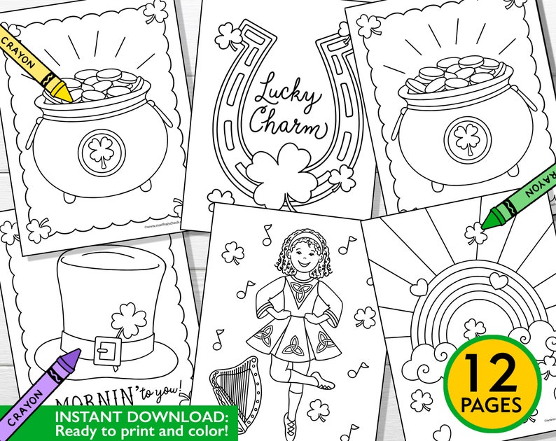 May include: A set of 12 black and white coloring pages featuring St. Patrick's Day themes. The pages include a pot of gold, a horseshoe, a leprechaun, a rainbow, and a shamrock. The text "Mornin' to you!" and "Instant Download: Ready to print and color!" is included on one of the pages.