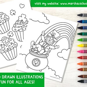 May include: A black and white coloring page featuring a leprechaun sitting in a pot of gold at the end of a rainbow. There are three cupcakes with shamrocks and hearts on them in the background. The text "visit my website: www.marthazschock.com" is at the top of the page. The text "HAND DRAWN ILLUSTRATIONS FUN FOR ALL AGES!" is at the bottom of the page.