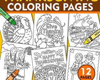 Puede incluir: Un conjunto de 12 páginas para colorear de Acción de Gracias con imágenes de pavos, peregrinos, cuernos de la abundancia y otros símbolos de Acción de Gracias. Las páginas están listas para imprimir y colorear.