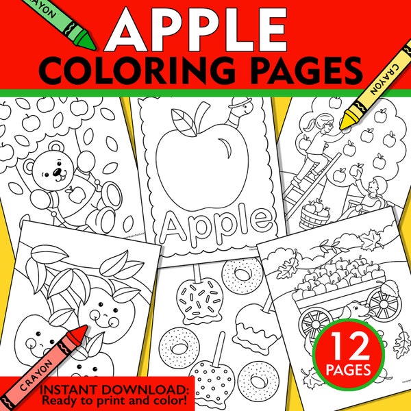 Apple Coloring Pages, Apple Coloring Sheets, Fall Apple Activity, Fall Apple Instant Download, Fall Apple Printable, Kids Apple Coloring