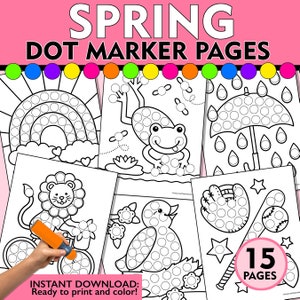 Könnte beinhalten: Ein Satz von 15 druckbaren Punktmarker-Seiten mit Frühlingsmotiven, darunter ein Regenbogen, ein Frosch, ein Regenschirm, ein Löwe, ein Vogel und ein Baseball. Der Text "SPRING DOT MARKER PAGES" und "15 PAGES" ist auf der Seite sichtbar.