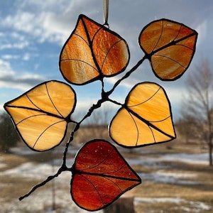 Stained glass aspen leaf branch Colorado mountains aspen leaves