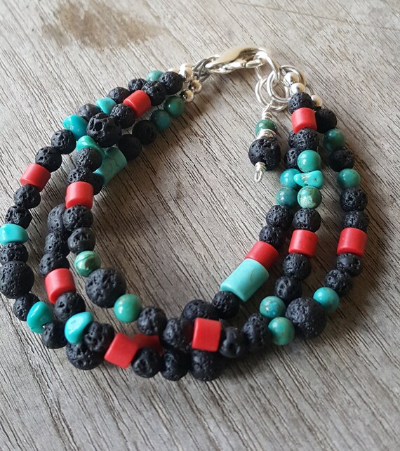 Southwestern Tri-Flow Bracelet with coral, turquoise and lava