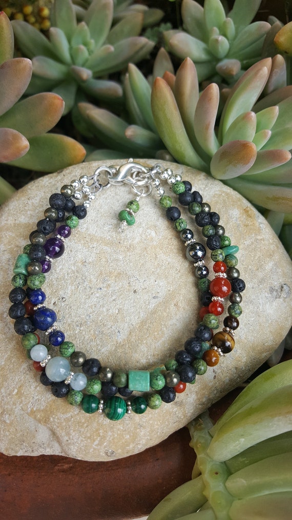 Tri-Flow Chakra Bracelet with green turquoise and lava