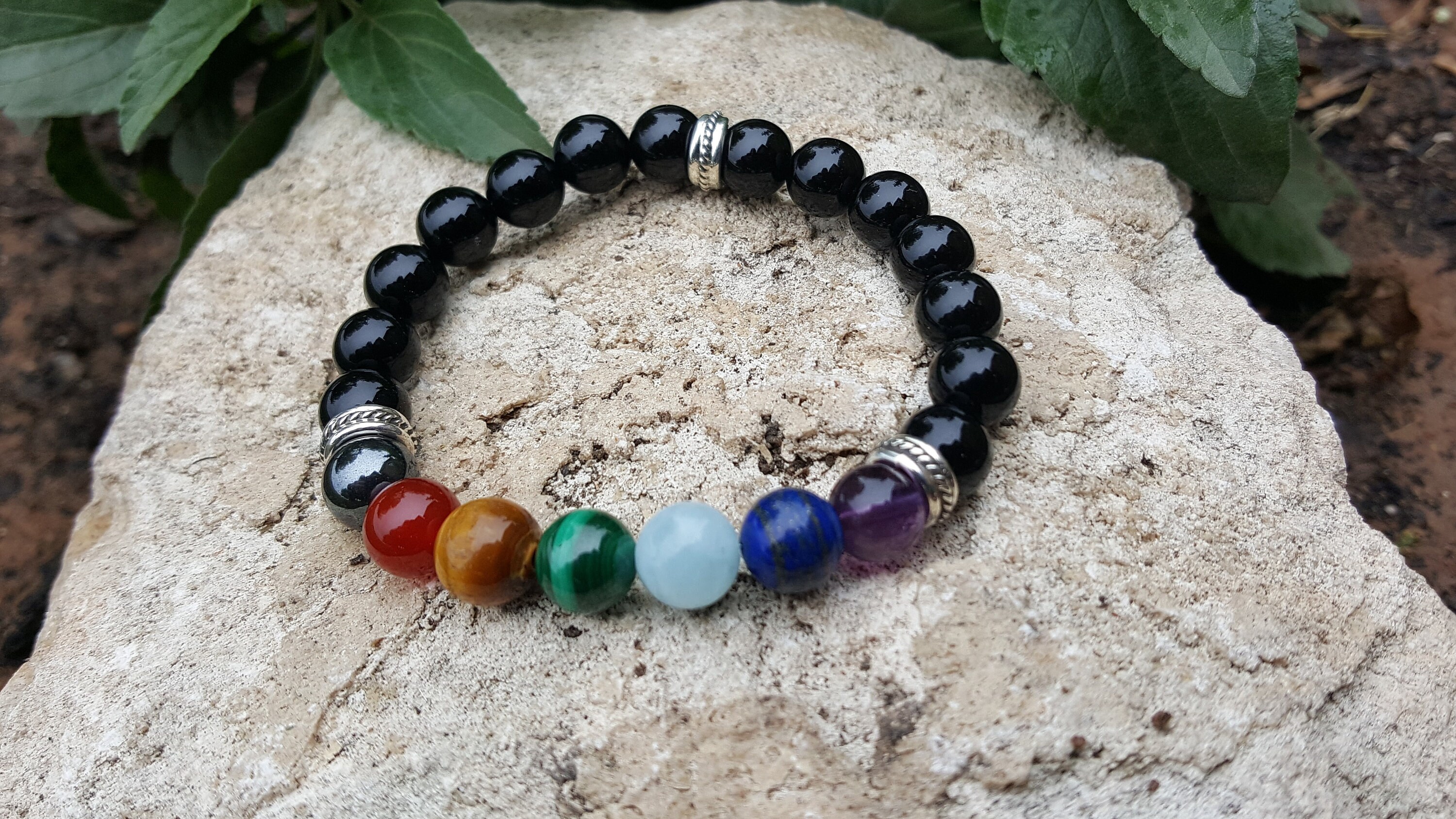 7 Chakras 8mm Bead Gemstone Bracelet with Flower Spacers