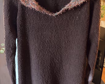Handknit women&#39;s 100% wool Dark Brown Sweater with Mohair Collar