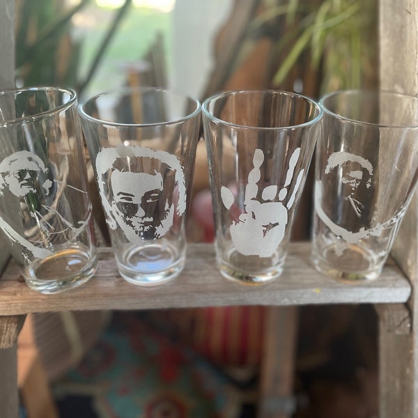 Set of 4 etched Grateful Dead Inspired Beer glasses. Jerry Garcia,