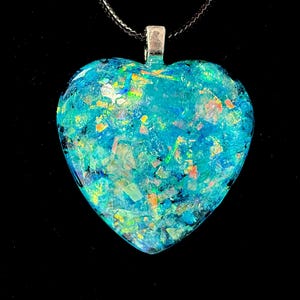 Turquoise Blue Heart Necklace – Sky Blue Resin Pendant with Holographic Sparkles, Gift