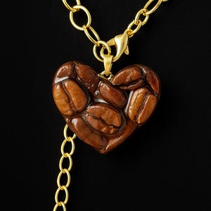 Coffee Bean Heart Necklace: Handmade Resin Pendant, Gold Chain