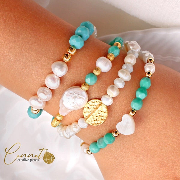 Lagoon Pearls | Bracelet | Baroque pearls | Freshwater pearls | Keshi | Gold-plated | Turquoise | Green | Gold | Armcandy | Mother-of-pearl | Aqua