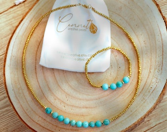 Turquoise Set | Bracelet + Necklace | Seed beads gold | Turquoise | Gemstone | Gift Idea | Birthday Gift |  Carribian Ocean