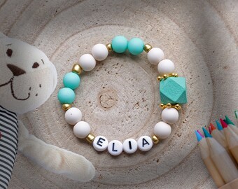 Baby bracelet with name | turquoise gold | Polygon Wood Bead | Boys | Acrylic bead | Newborn | Birth | Letters | Bracelet | Gift