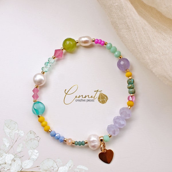 Soie Coloree | Bracciale | perle barocche | Autentiche perle d'acqua dolce | cuore| Perline | Rocailles | acciaio inossidabile oro | Colorato | Giallo | Preziosa