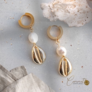 Golden Cowrie | Golden Cowrie Earrings Hoop Clips | freshwater pearl | stainless steel gold | summer | earrings | Cowrie | Elegant