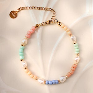 Pastel Shine  | Armband | Barockperlen | Süßwasserperlen | Mint | Seed Beads | Rocailles | Edelstahl gold | Lachs | Babyblau | Mint