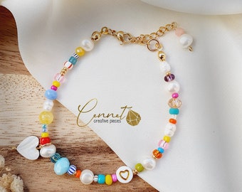 Heartbeads | Bracelet | Baroque pearls | Real freshwater pearls | Heart Pendant | Seed Beads | Rocailles | Stainless steel gold | Colorful | Preciosa