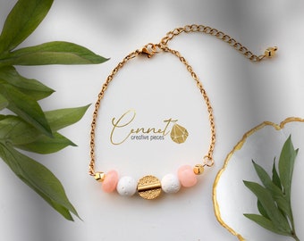 Feel Peach | Diffuser Bracelet | Essential Oils | Diffuser | Dainty | Peach Jade | Lava Beads | Stainless Steel Gold | Fragrance Bracelet | Gold Plated
