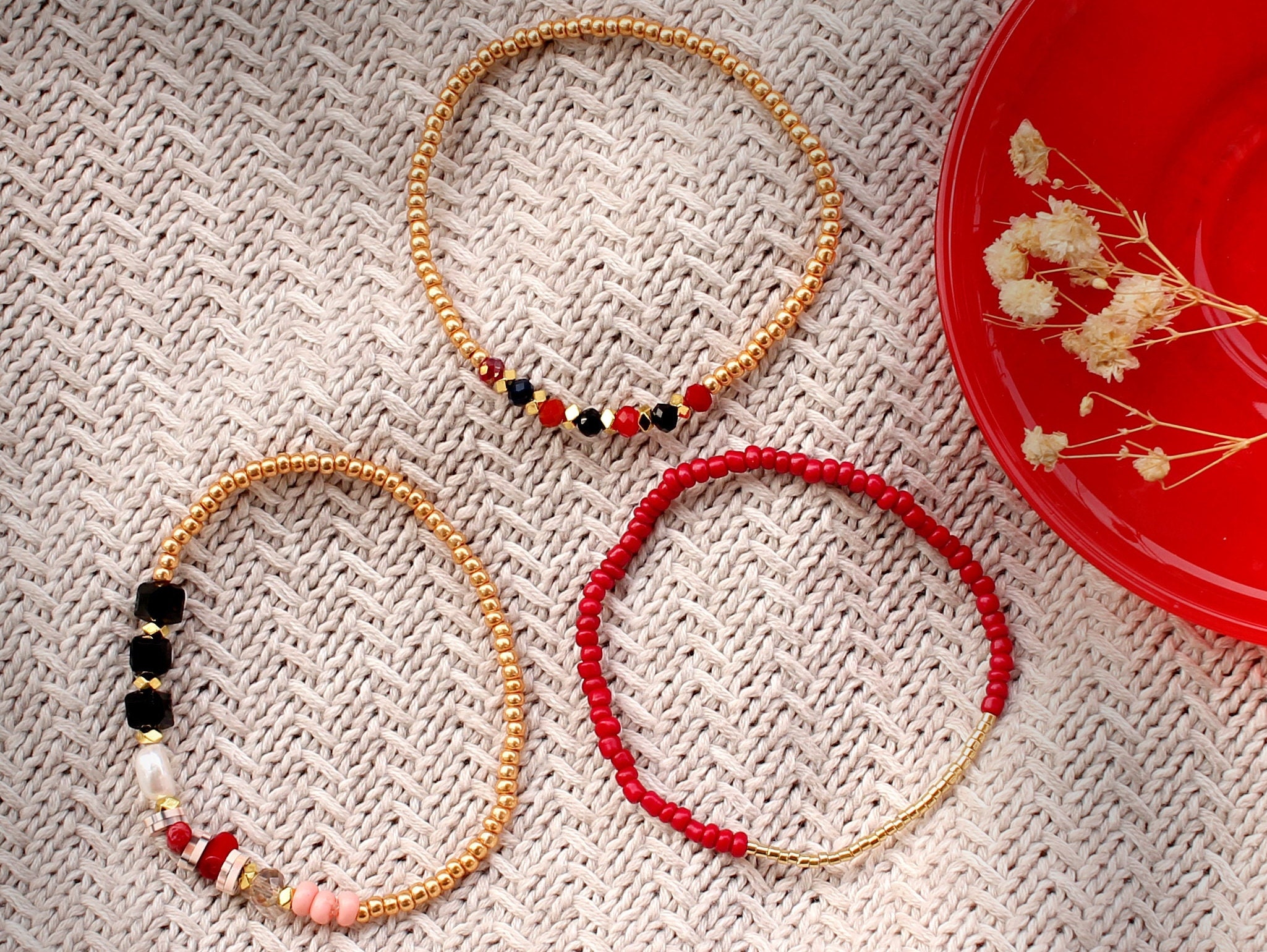 Red & Gold | Art Deco | Bracelet Set | Rocailles | Warm Tones 
