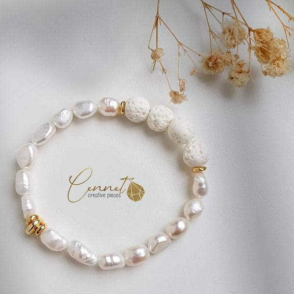 Diffuser Bracelet | Pearls & Lava | Essential Oils | Diffuser | Bracelet | Freshwater Pearls | Fragrance Bracelet | Hematite | Gold | White | Elegant