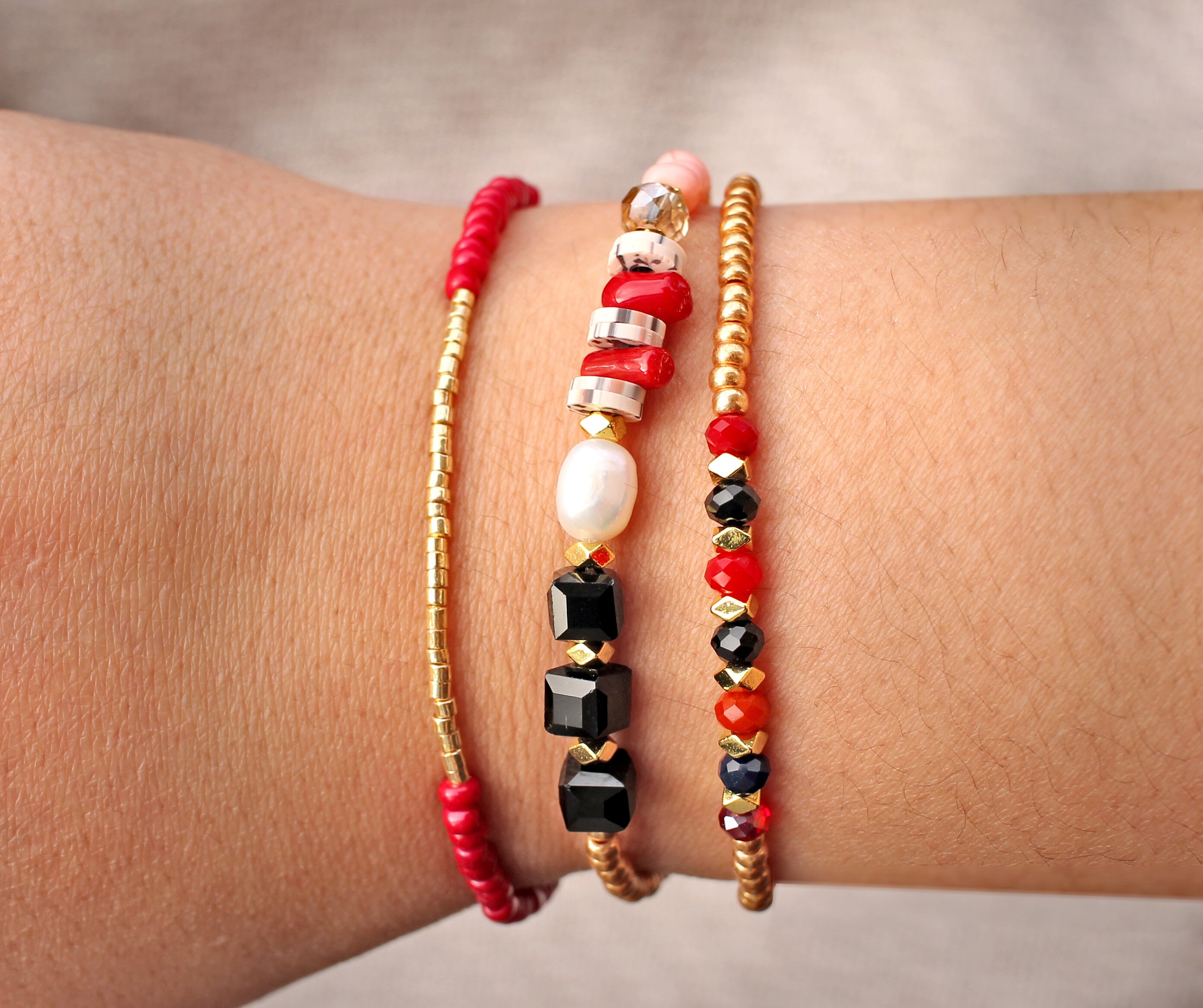 Red & Gold | Art Deco | Bracelet Set | Rocailles | Warm Tones 