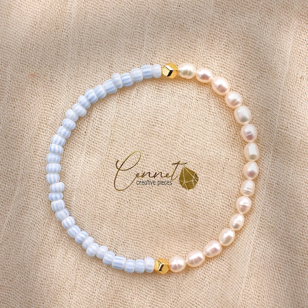 Timeless blue | Bracelet | baroque pearls | freshwater pearls | light blue | Pearls | Rocailles | Rice Pearls | Striped