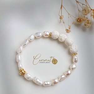 Pulsera difusora | Perlas y lava | Aceites esenciales | Difusor | Pulsera | Perlas de agua dulce | Pulsera perfumada | Hematita | Oro | Blanco | Elegante